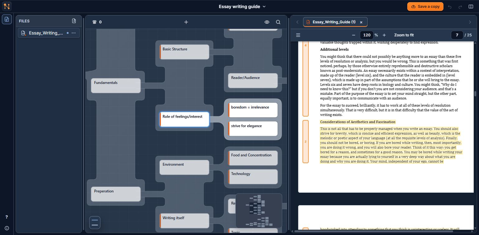 Nodemap Interface showing visual mind map linked side-by-side with source PDF